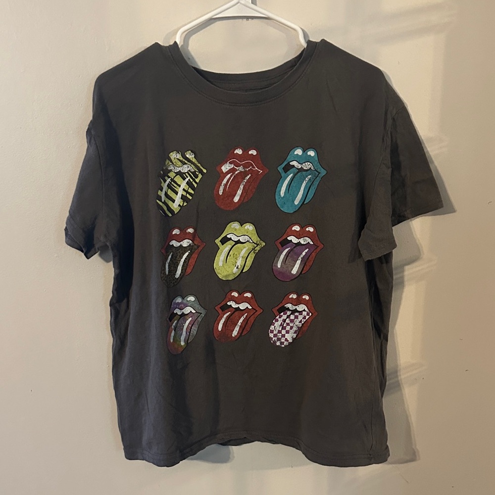 the Rolling Stones Black Tee with Multicolor Tongue Grid
